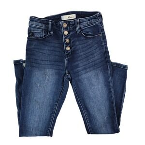 KanCan Women's Dark‎ Wash Distressed High Rise Button Fly Skinny Jeans